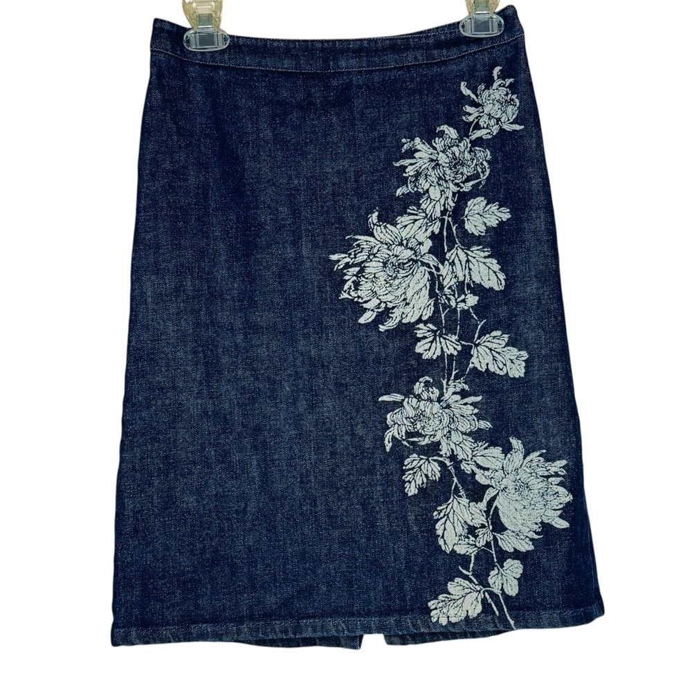 Ann Taylor Floral Jean Skirt Dark Wash Denim Knee Length